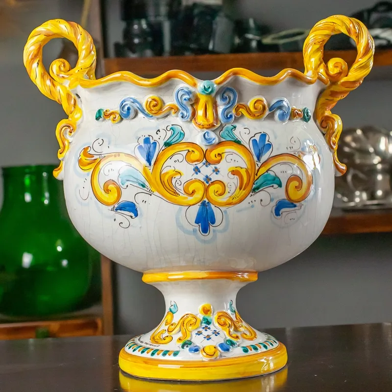 Centrotavola Alzata Ovale Ceramica Siciliana Caltagirone Giallo cm 38
