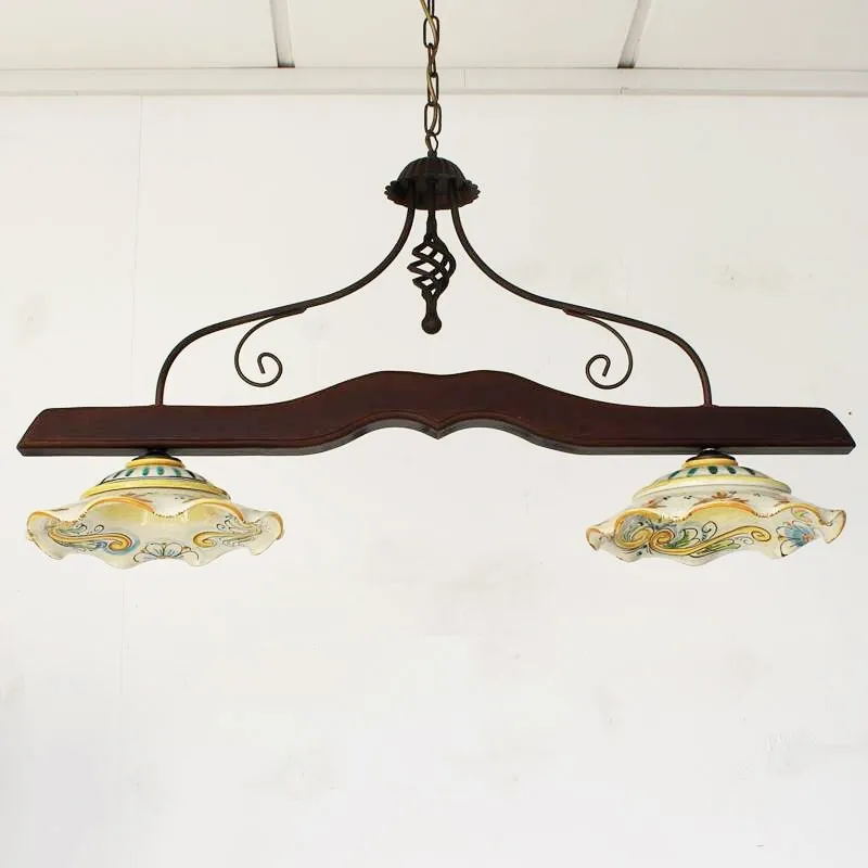 Lampadario in ceramica 2 luci legno