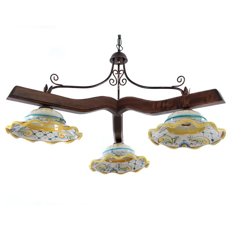 Lampadario in ceramica e legno 3 luci