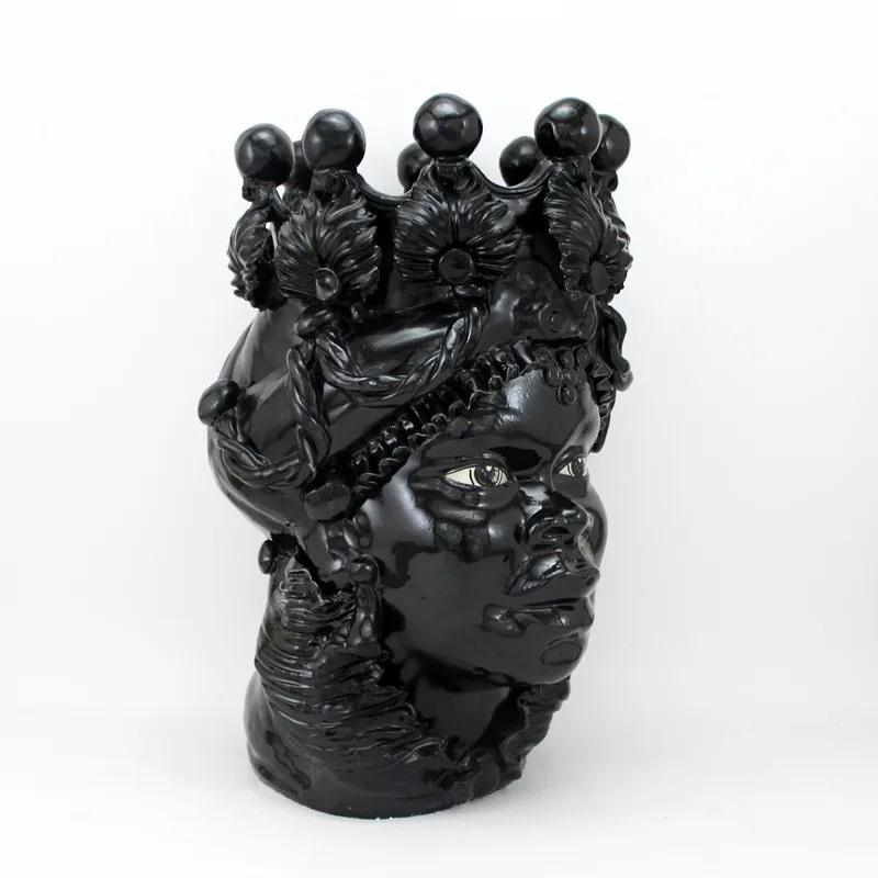 Testa di Moro siciliane in Ceramica Caltagirone Verus Donna-Uomo Nera H.48
