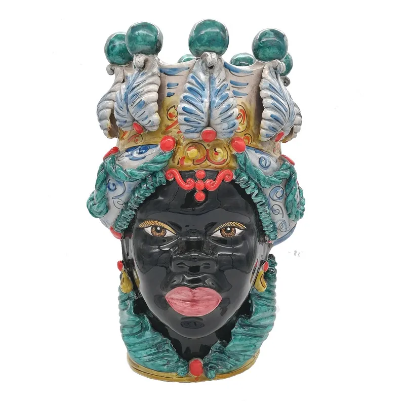 Teste di moro Siciliane Ceramica Caltagirone Verus Donna-Uomo Acanto Verde h.48