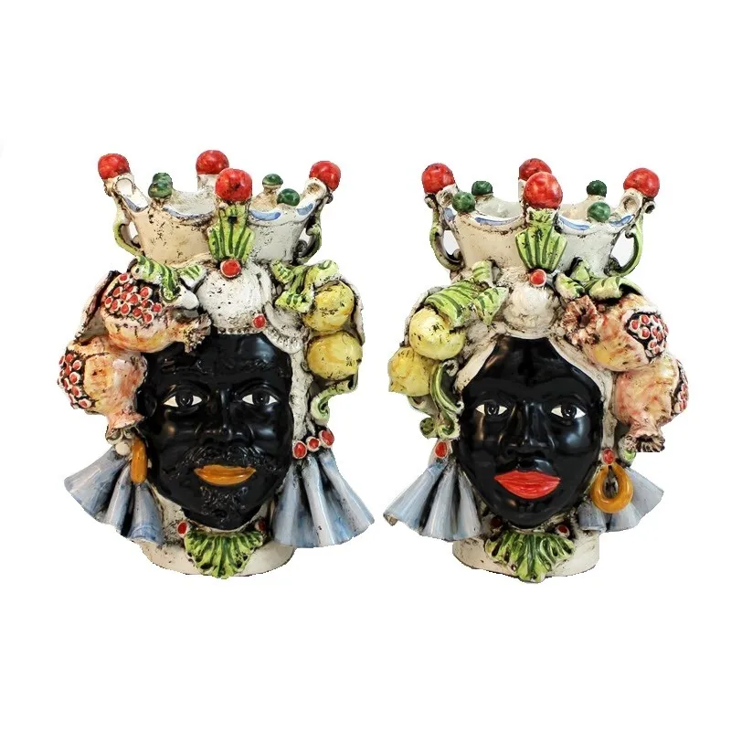Coppia Teste Ceramica Con Frutta H.25