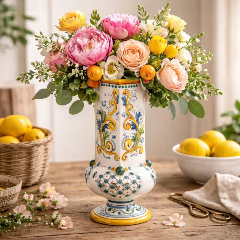 Portafiori in Ceramica Siciliana Decorato con Limoni e Agrumi – H 35 cm