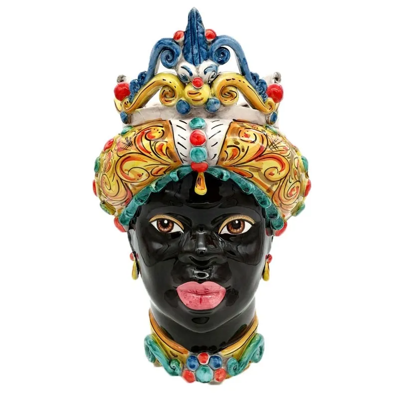 Teste di moro ceramica Siciliana di Caltagirone Verus Donna-Uomo Giallo cm 45