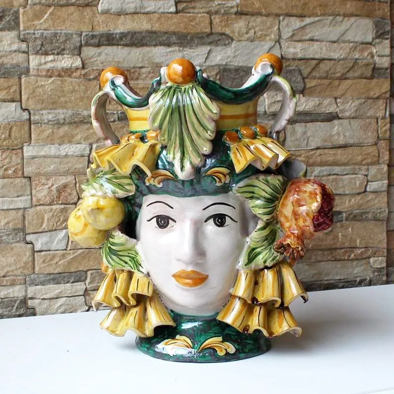 Testa Ceramica Caltagirone Donna Verde H.25