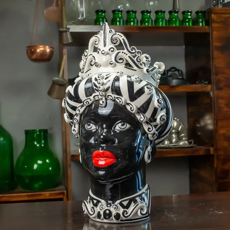 Testa di moro in ceramica siciliana di Caltagirone Donna-Uomo Zebrata cm 45