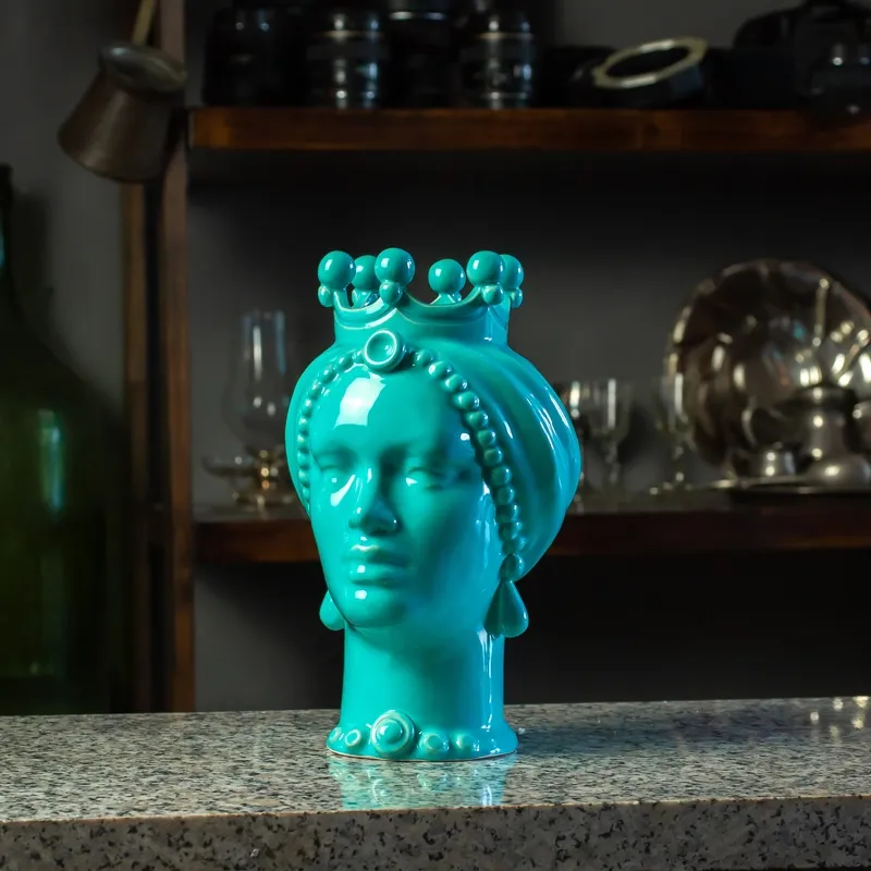 Teste di Moro Siciliane in Ceramica Caltagirone Turchese Donna-Uomo cm 23
