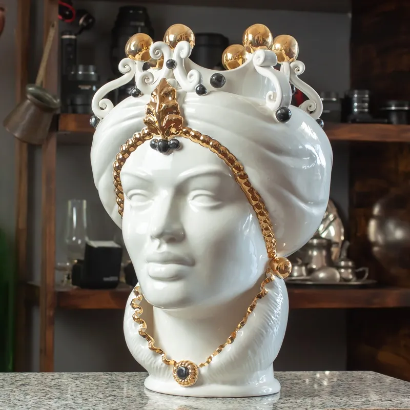 Teste di Moro Siciliane Ceramica Caltagirone  Donna-Uomo Oro cm 42
