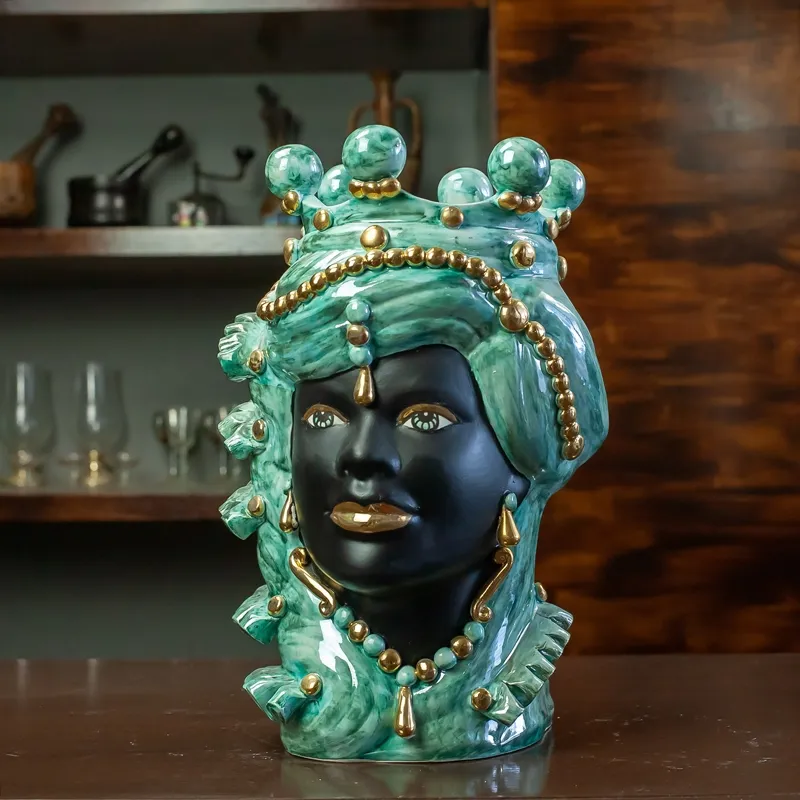 Teste di Moro in Ceramica Caltagirone Verus Donna-Uomo Madreperlata Oro cm 35