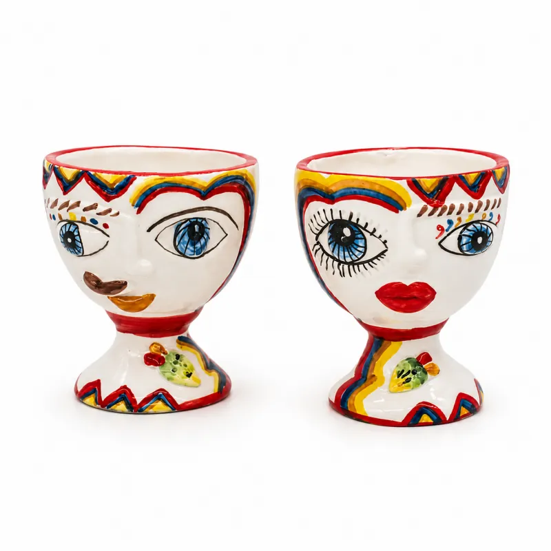 Coppia Teste ceramica Siciliana Caltagirone Verus Serie Naif cm.13