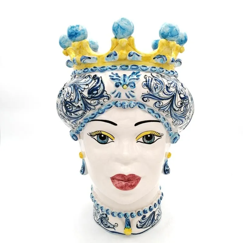 Teste di moro in ceramica Caltagirone Verus Floreale Blu Donna-Uomo cm 42