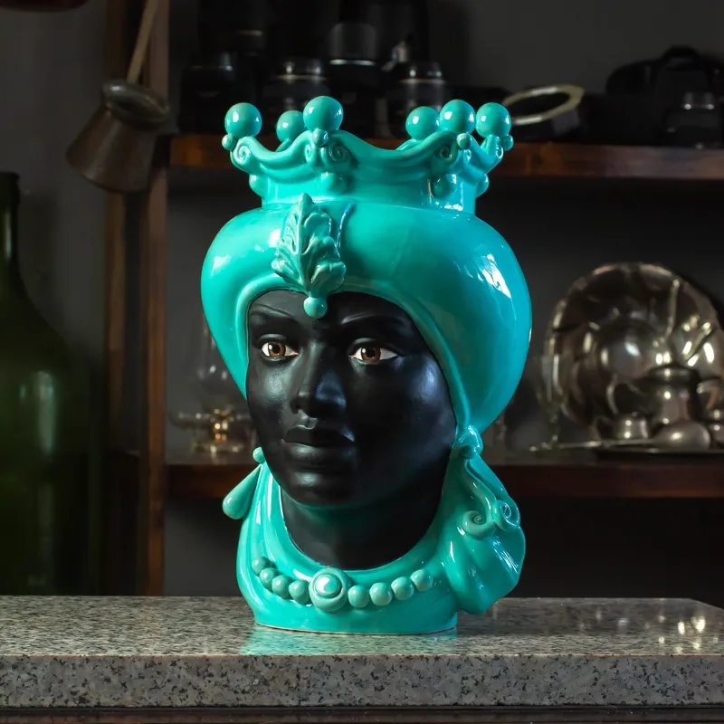 Teste di Moro siciliane in Ceramica di Caltagirone Donna-Uomo Turchese cm 35