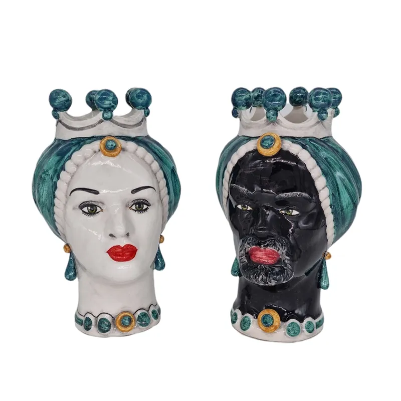 Coppia Teste di Moro  Ceramica Siciliana Caltagirone Verde cm 23