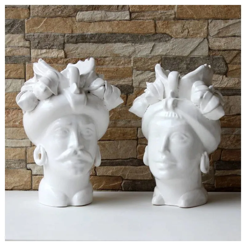 Coppia Teste Mori in Ceramica Bianca cm 25