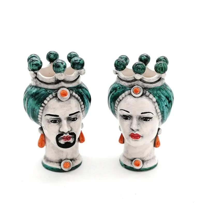 Coppia Teste Ceramica Siciliana Caltagirone Verde cm 15