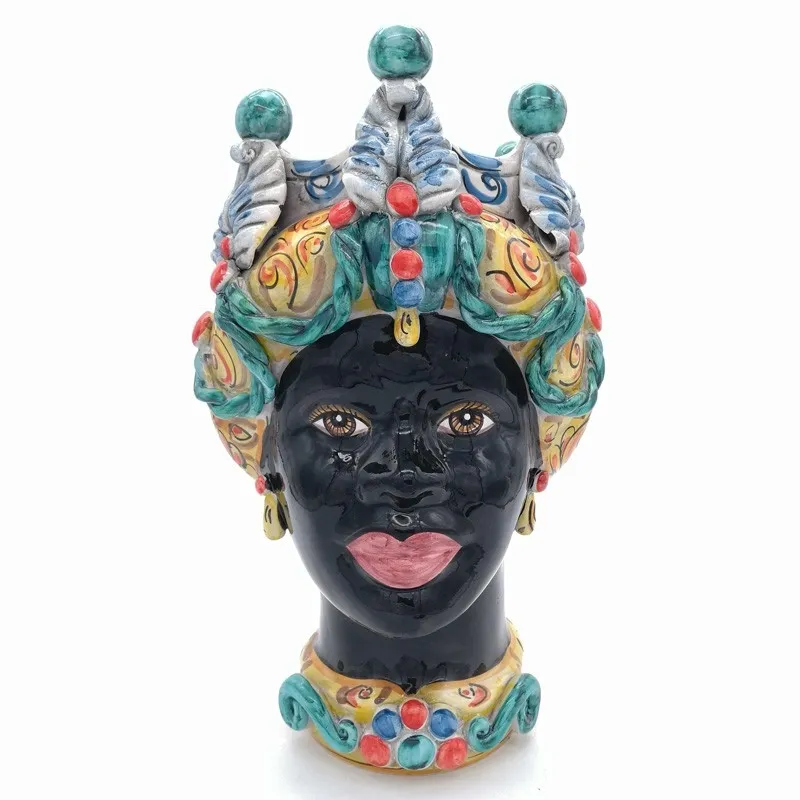 Teste di moro siciliane in Ceramica Caltagirone Verus Colorata Donna-Uomo cm 42