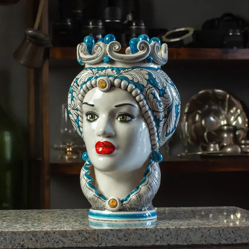 Testa di Moro Siciliana in Ceramica Caltagirone Blu Donna-Uomo cm 35