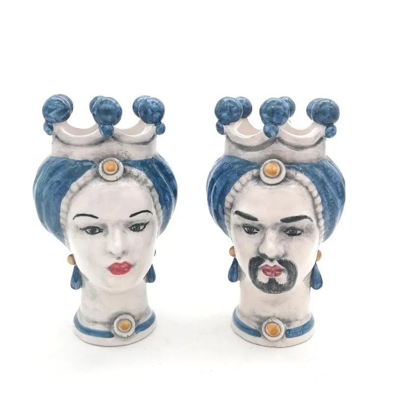 Coppia Teste Ceramica Siciliana Caltagirone Blu cm 15