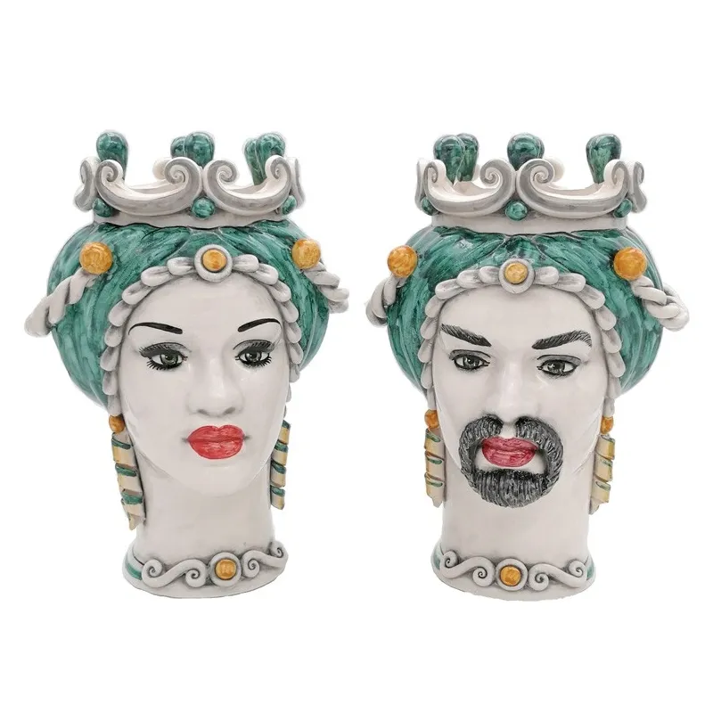 Coppia Teste di moro Ceramica Siciliana Caltagirone Verde cm 35