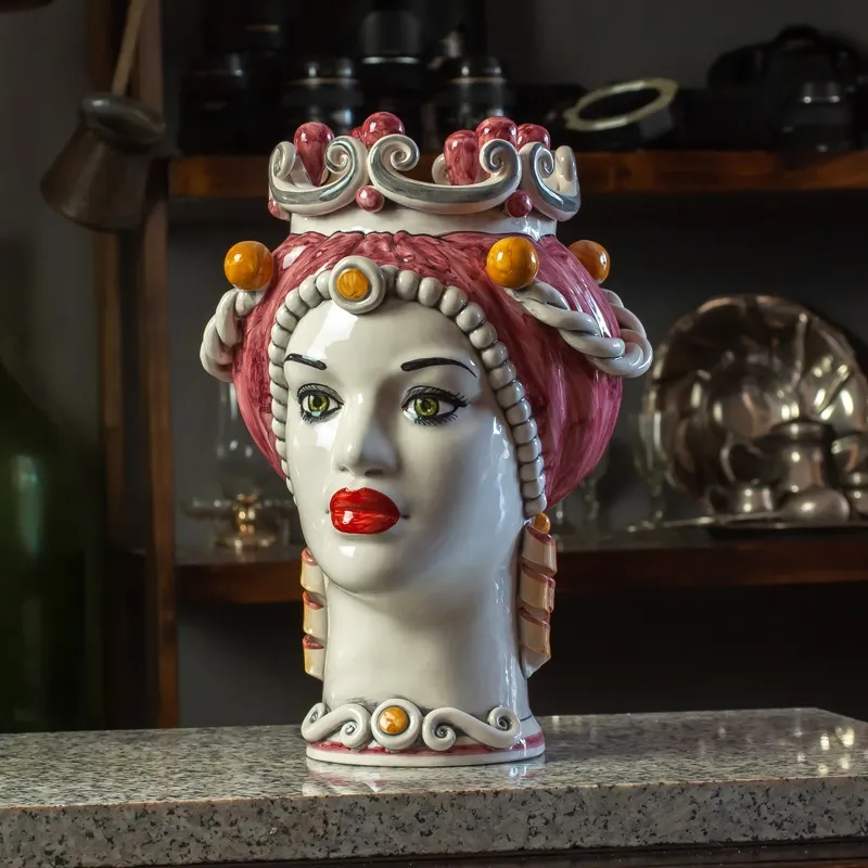 Teste di Moro Siciliane in Ceramica Caltagirone Donna-Uomo Rosso cm 35
