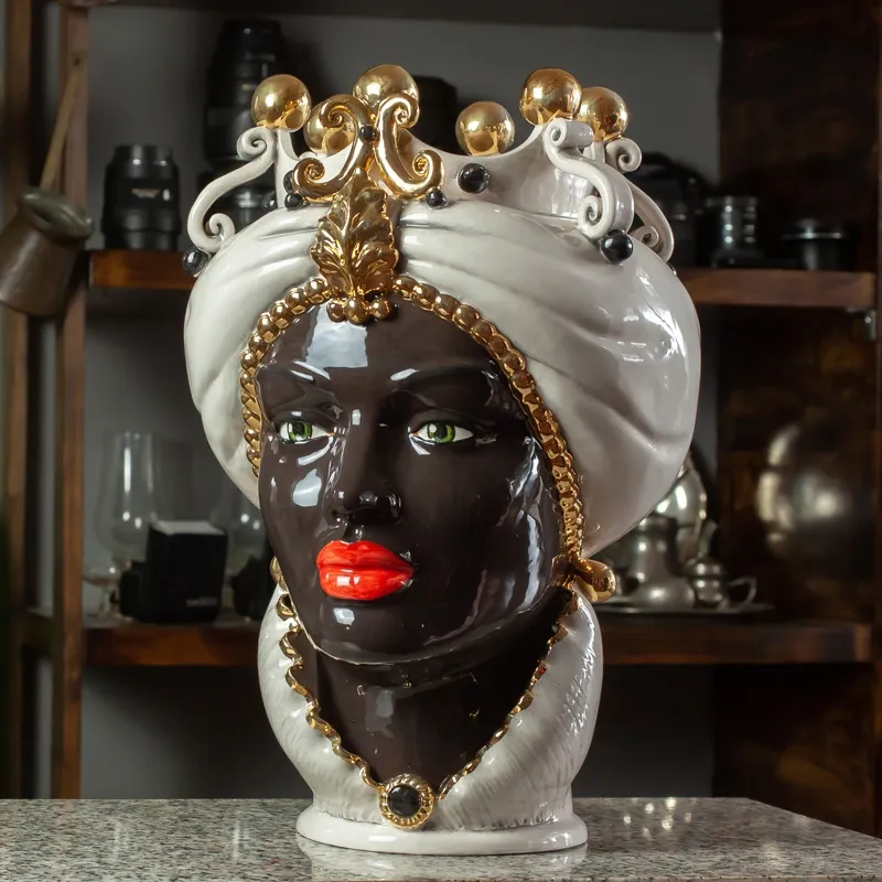 Teste di Moro Ceramica Siciliana Caltagirone Donna Uomo Oro Volto Nero cm 42