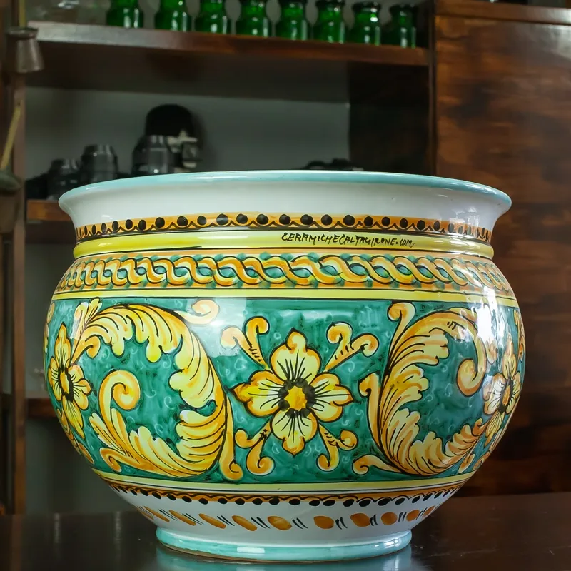 Portavaso Ceramica di Caltagirone Ornato Verde Floreale cm 40