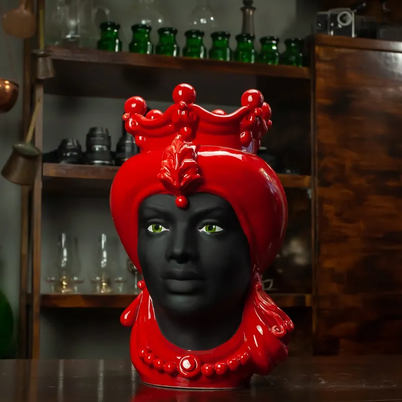 Teste di Moro siciliane in Ceramica Caltagirone Donna-Uomo Rossa cm 35