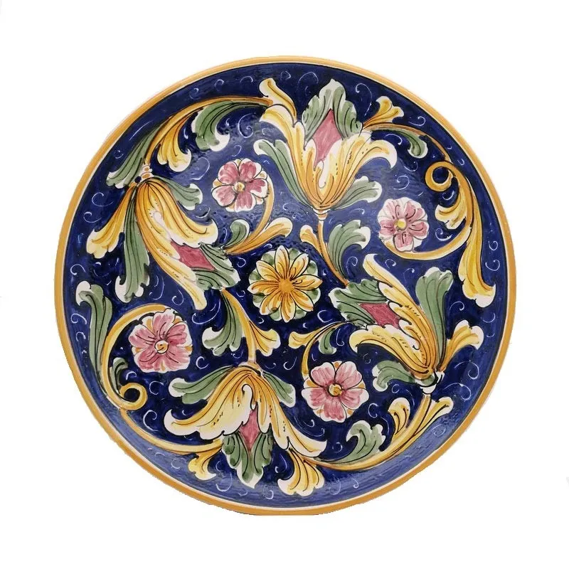 Piatto Ceramica Caltagirone Blu Cobalto Fiori da cm 38