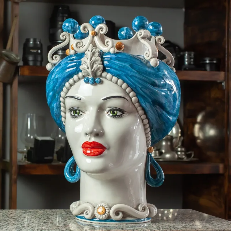 Teste di Moro Siciliane in Ceramica Caltagirone Uomo-Donna Blu cm 42