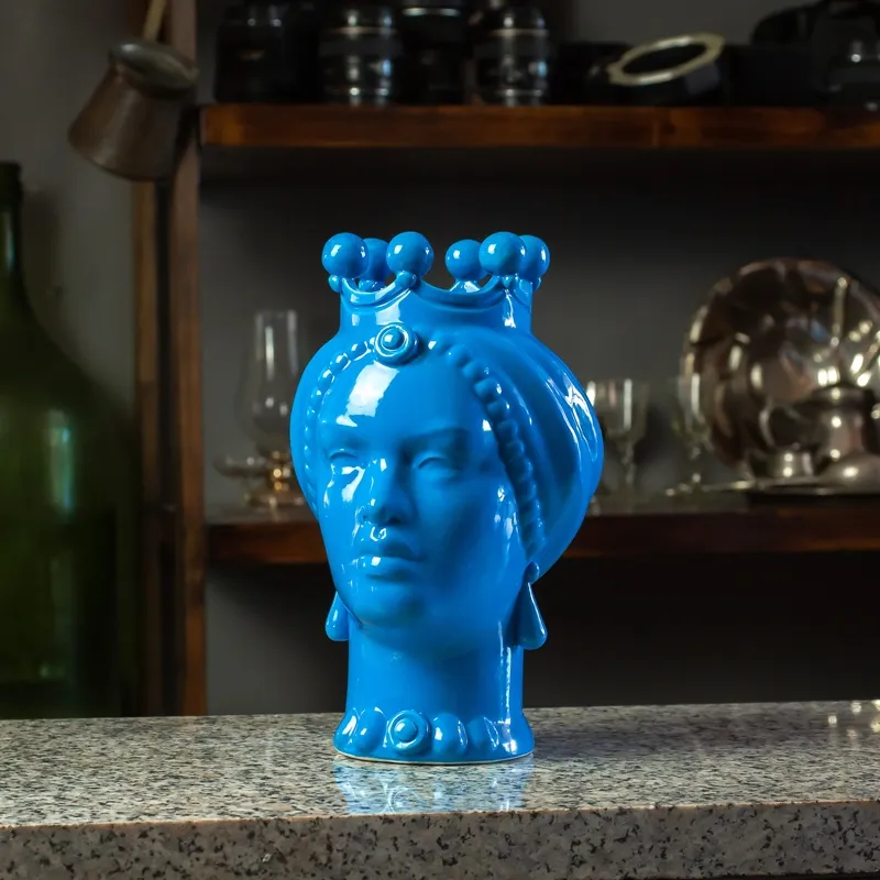 Teste di Moro in Ceramica Siciliana Caltagirone Blu Donna-Uomo cm 23