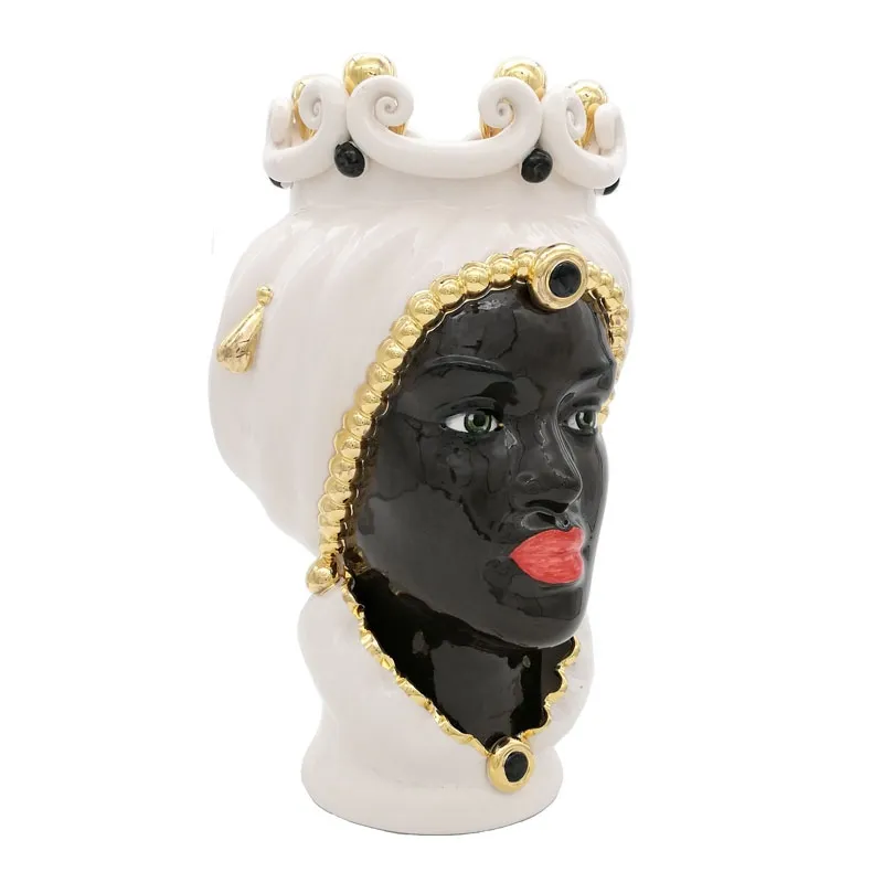 Teste di Moro Siciliane in Ceramica Caltagirone Donna-Uomo Oro Volto Nero cm 35