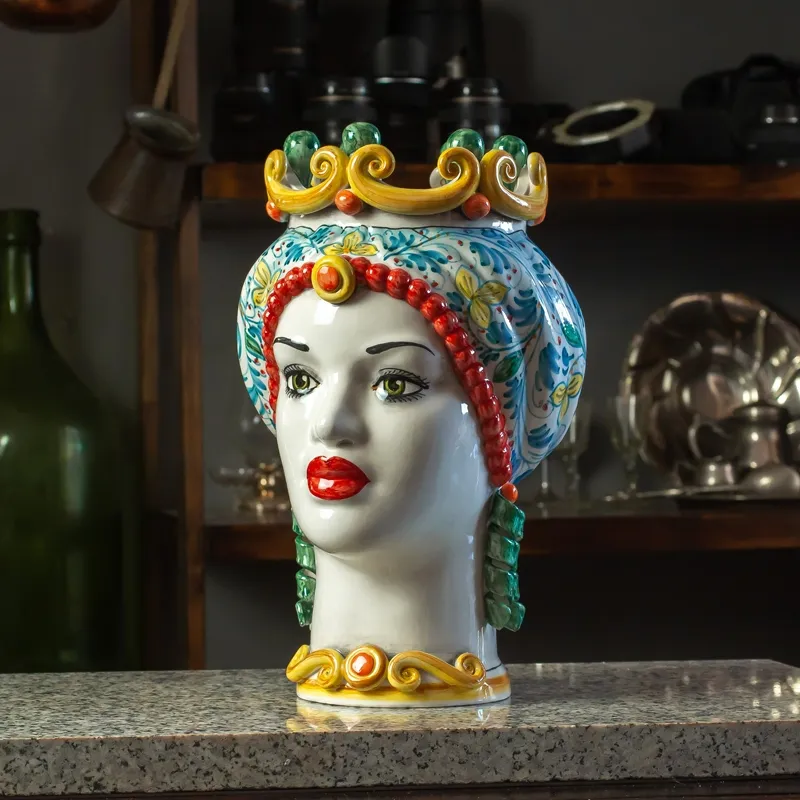 Teste di Moro Siciliane in Ceramica di Caltagirone Colorata Donna-Uomo cm 35