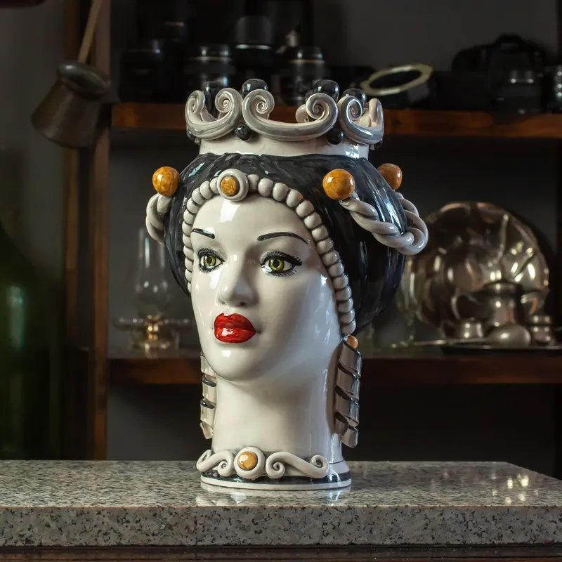 Teste di Moro Siciliana in Ceramica Caltagirone Nera Donna-Uomo cm 35