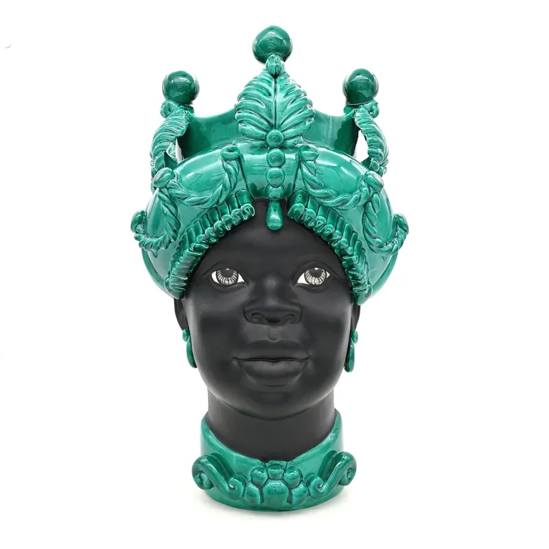 Teste di Moro in Ceramica Siciliana di Caltagirone Verus Donna-Uomo Verde Smeraldo cm 45