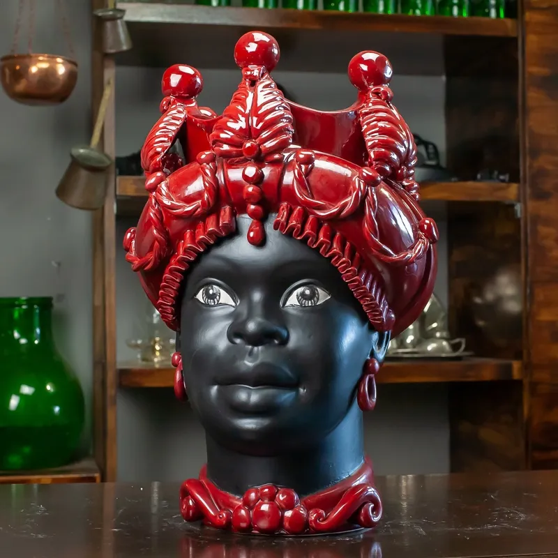 Teste di Moro siciliane in ceramica Caltagirone Verus Donna Uomo Bordeaux cm 45