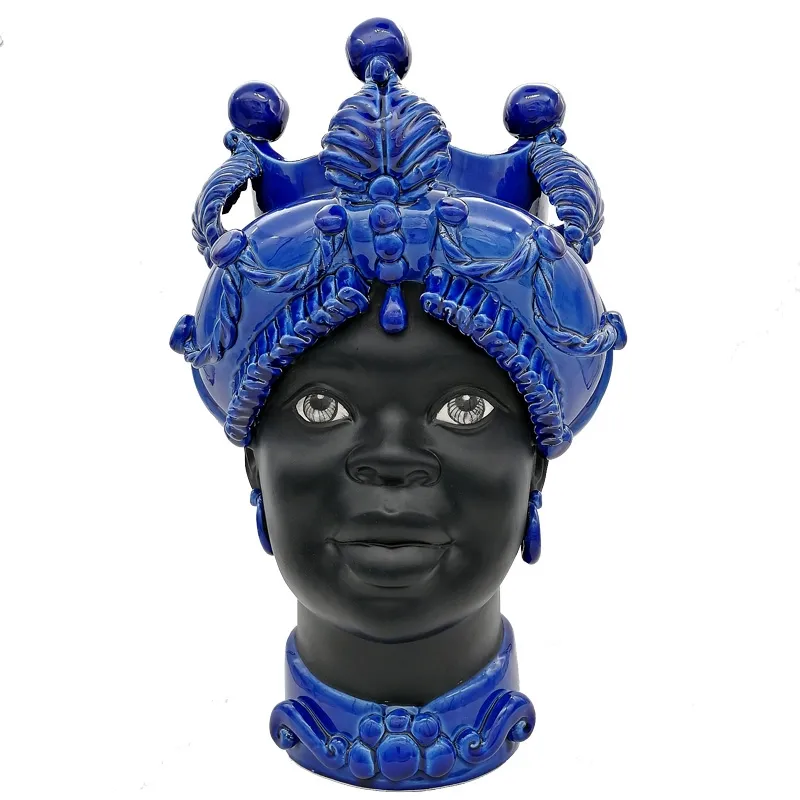 Teste di Moro Siciliane in ceramica Caltagirone Verus Donna-Uomo Blu China cm 45