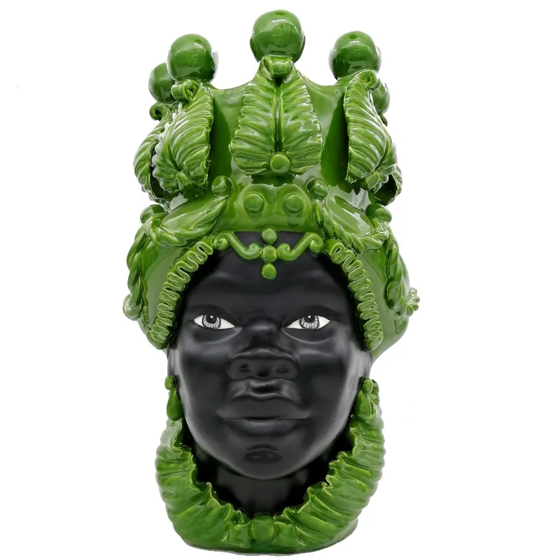 Teste di Moro Verus Siciliane Ceramica Caltagirone Donna-Uomo Verde H 48