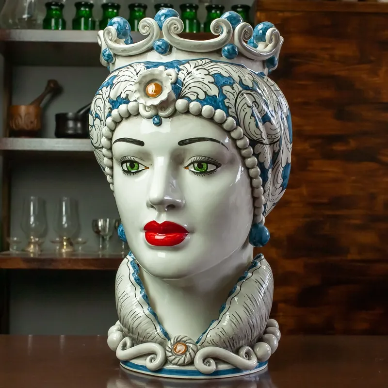 Testa di Moro in Ceramica Siciliana di Caltagirone Donna-Uomo Blu cm 50