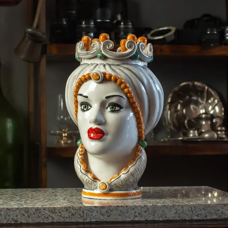 Teste di Moro siciliane in ceramica di Caltagirone Donna-Uomo Gialla cm 35