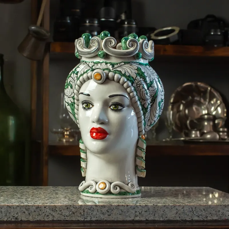 Teste di Moro in Ceramica Siciliana Caltagirone Floreale Verde Donna-Uomo cm 35