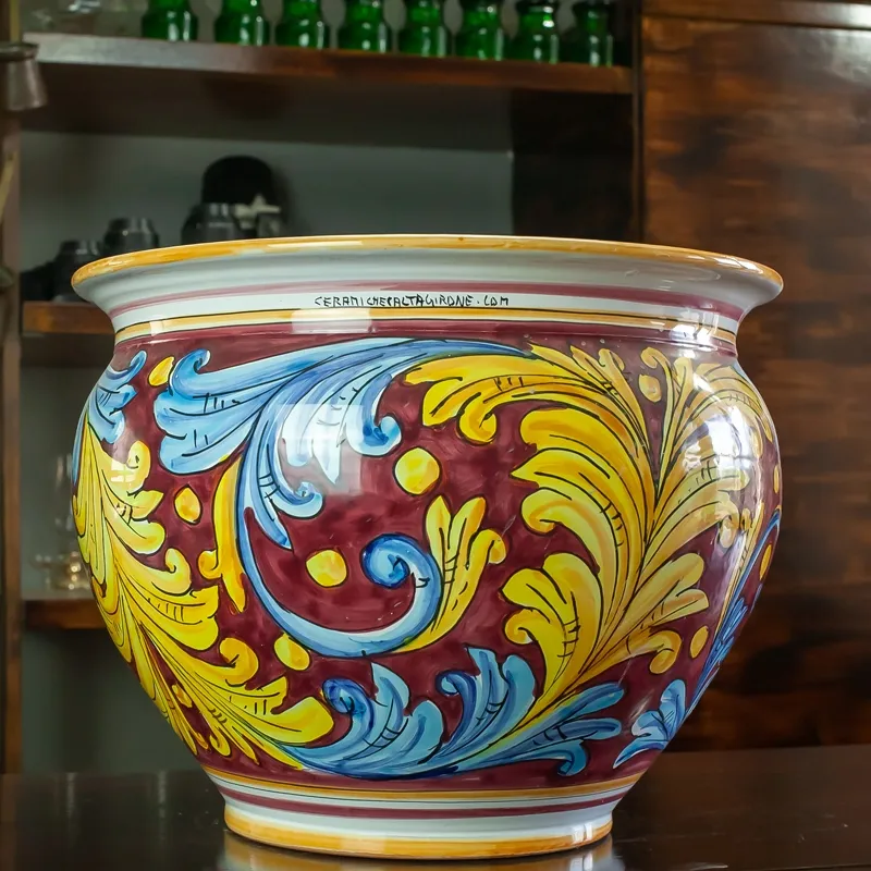 Portavaso Ceramica Siciliana Bordeaux Foglie Blu cm 40