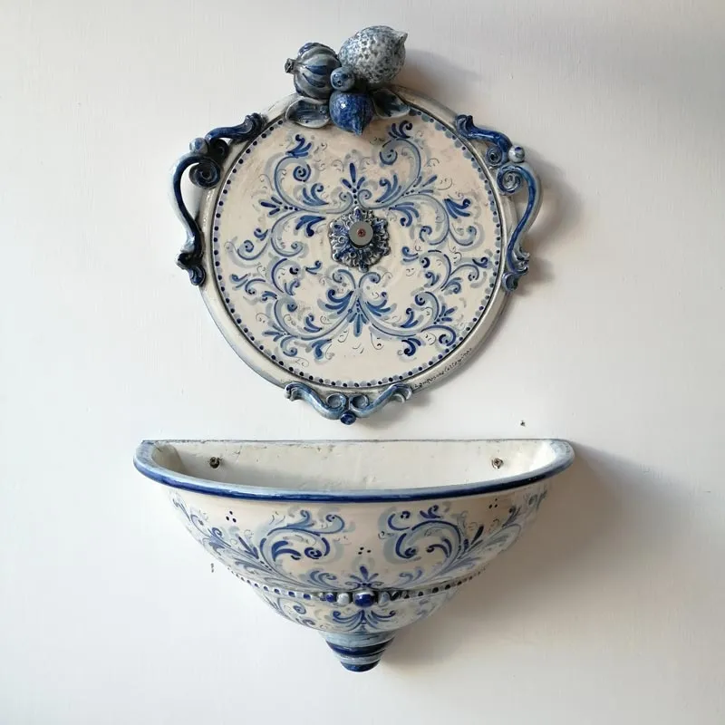 Fontana Murale Ceramiche Caltagirone Frutta Blu Antico