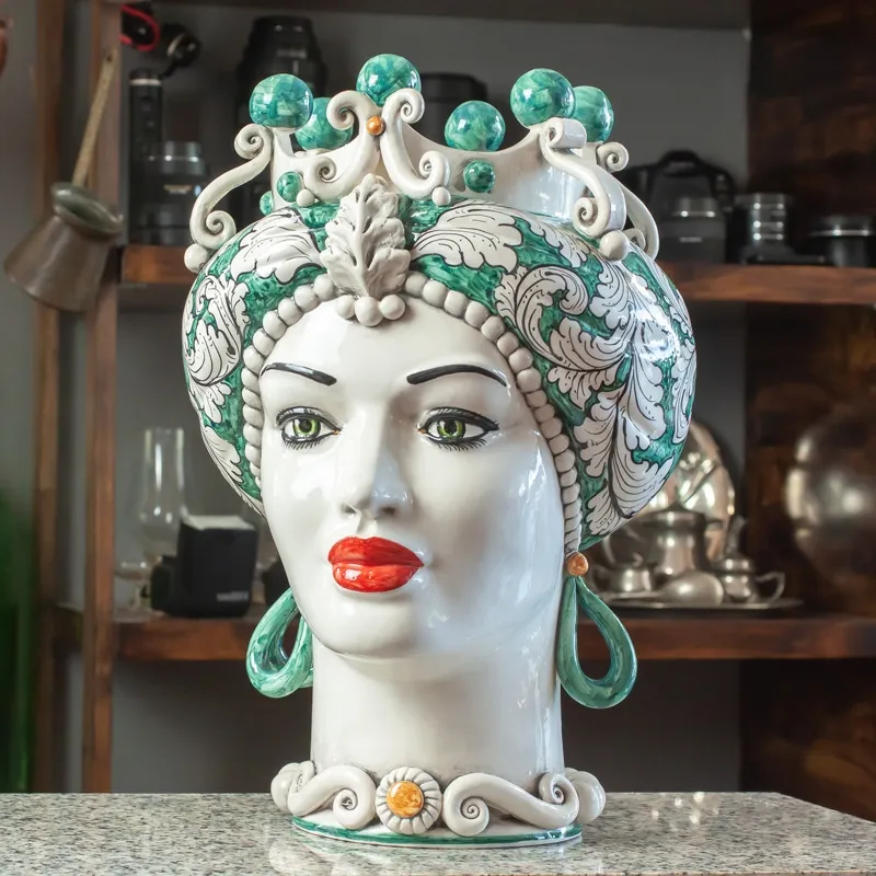 Teste di Moro siciliane in ceramica Caltagirone Donna-Uomo Verde cm 42