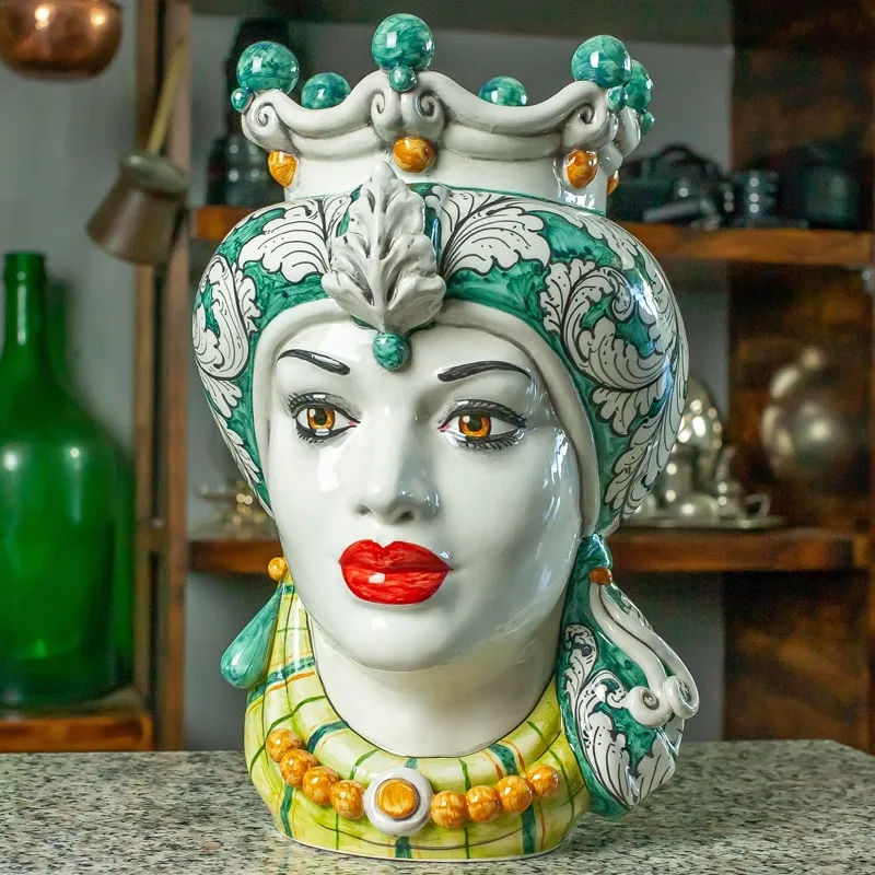 Teste di Moro siciliane in Ceramica Caltagirone Donna-Uomo Verde Floreale cm 35
