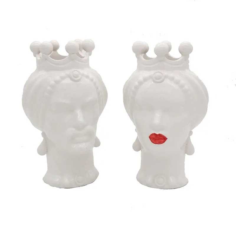 Coppia Teste di Moro Ceramica Siciliana Caltagirone  Labbra Rosse cm 23
