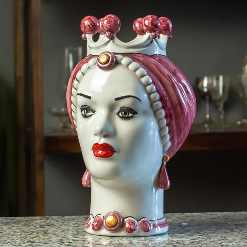 Teste di Moro in Ceramica Siciliana Caltagirone Bordeaux Donna-Uomo cm 23