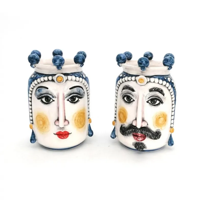 Coppia Teste di moro in Ceramica siciliana Caltagirone Cilindriche cm 17