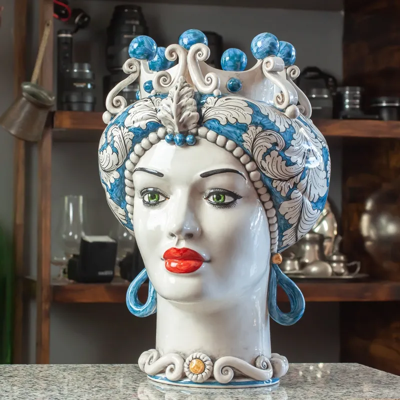 Teste di Moro ceramica Siciliana Caltagirone Donna - Uomo Blu cm 42