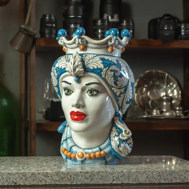 Teste Ceramica Siciliana Caltagirone Donna-Uomo Blu Floreale cm 35