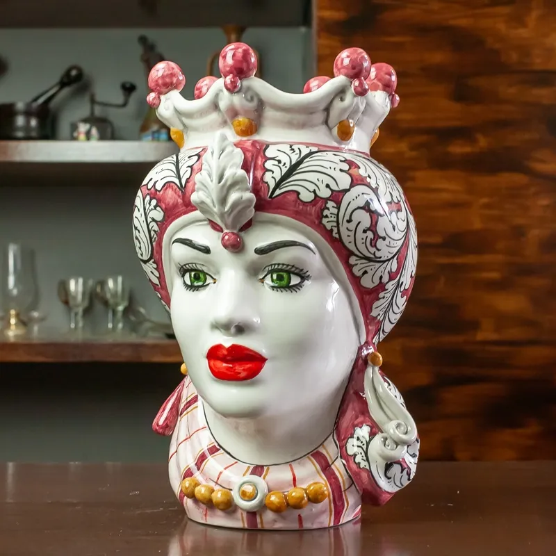 Teste di moro in Ceramica Siciliana Caltagirone Donna-Uomo Bordeaux Floreale cm 35